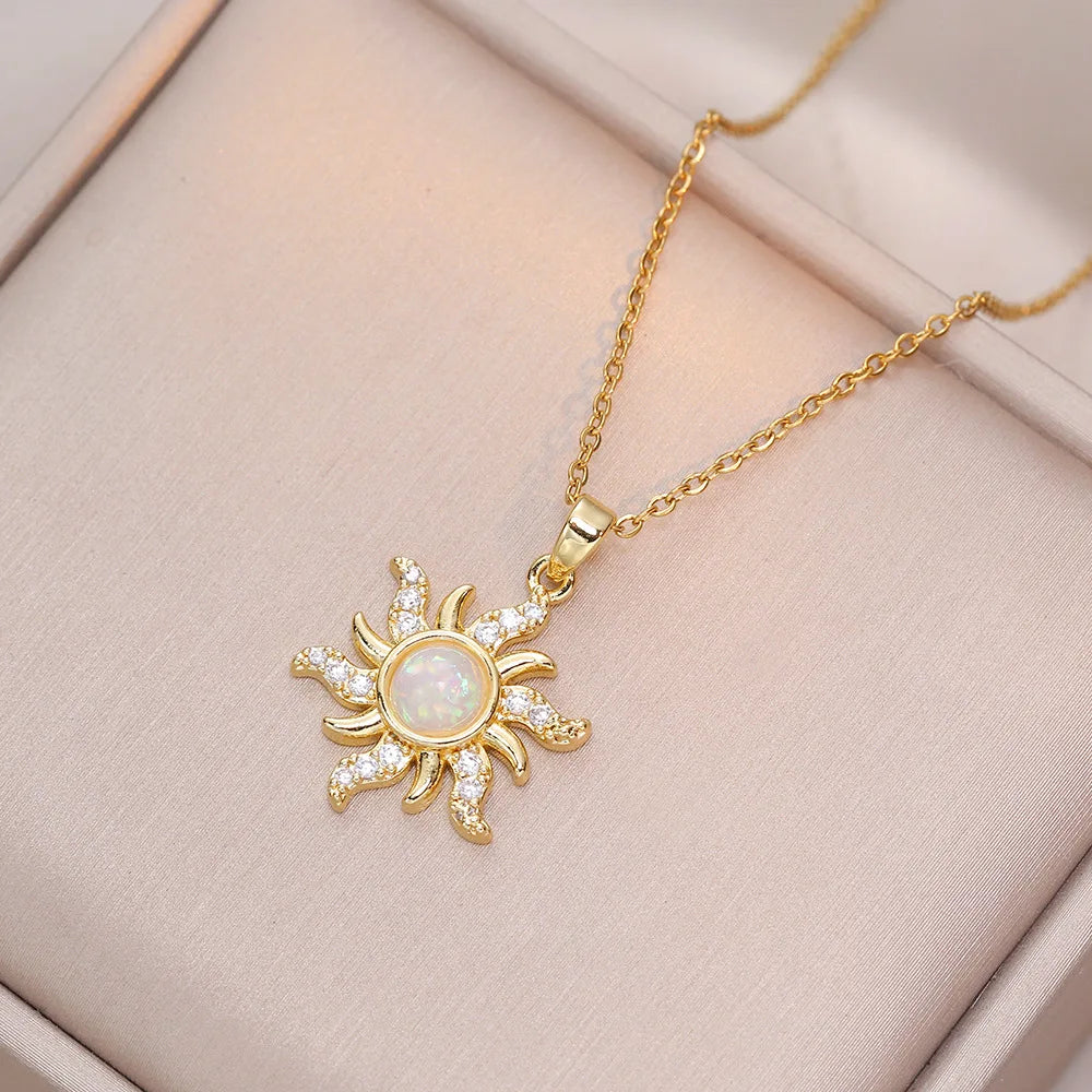 316L Stainless Steel Luxury Zircon Flower Pendant Necklace For Women Girl New Trend Clavicle Chain Jewelry Lady Gift
