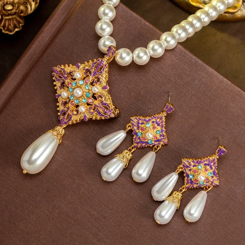 New Chinese Style Women Pearls Earrings Hollow Out Geometric Purple Elegant Jewelry Light Luxury Sweet Pendientes Mujer