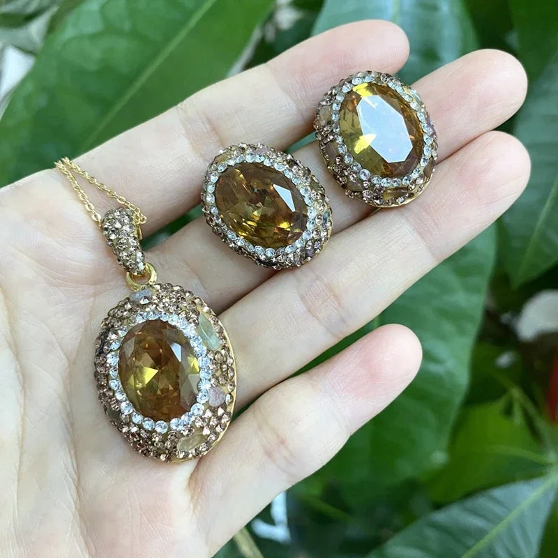 Unique Sudan Stone Crystal Charm Necklace Stud Earring Set Sultanite Color Change Tourmaline Waterdrop Zultanite Jewelry Sets