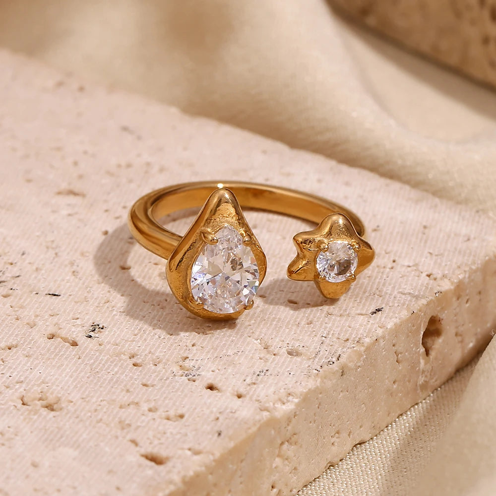 E.B.belle Asymmetric Opening Water Droplets Stars Zircon Ring 18K Gold Plated Women's Rings 316L Stainless Steel Accessories