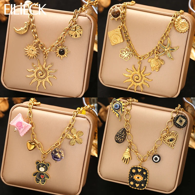 EILIECK 316L Stainless Steel Multiple Charms Pendant Necklace For Women Trendy 18K Gold PVD Plated Waterproof Neck Chain Jewelry