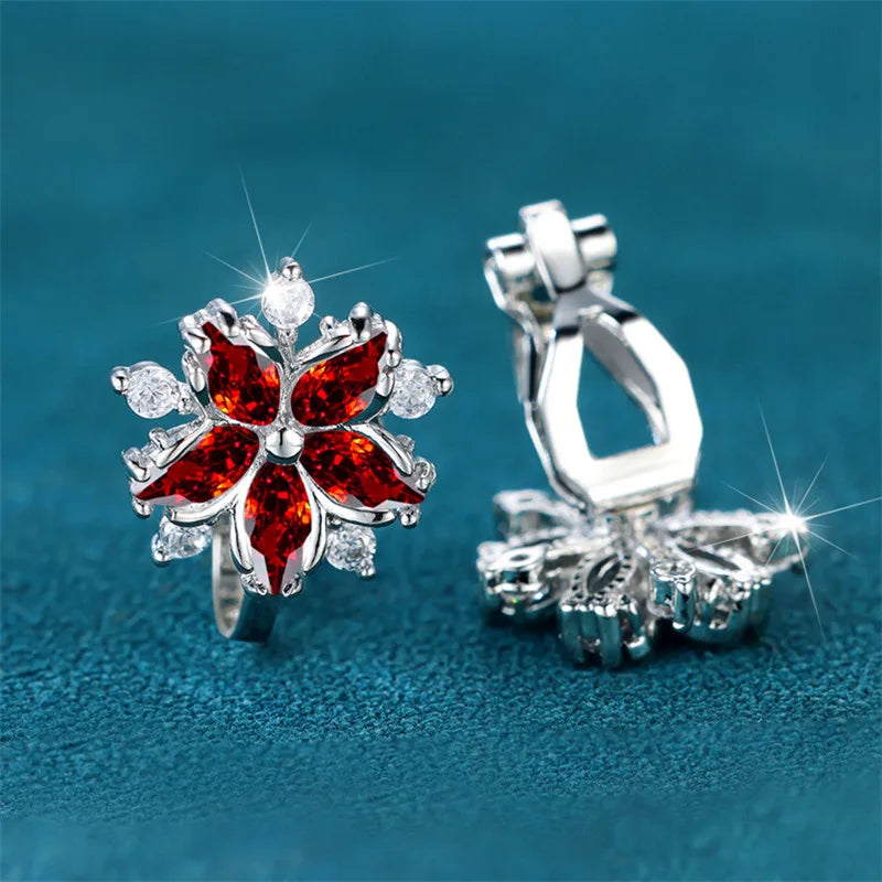 Luxury Female Small Red Zircon Stone Clip Earrings Charm Silver Color Wedding Jewelry For Women