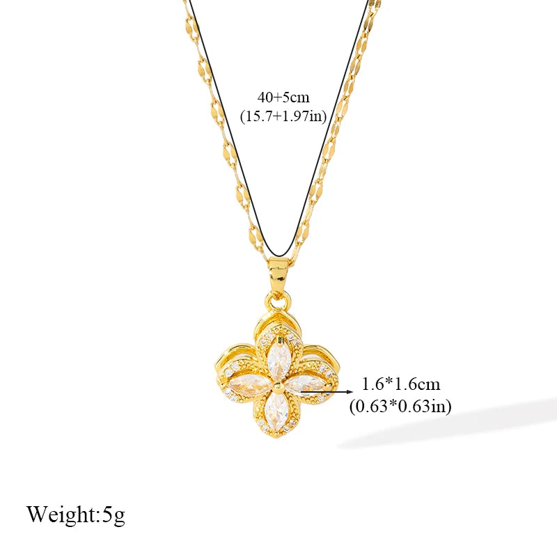 EILIECK New Fashion Stainless Steel Rotating Green Clover Zircon Necklace Bracelet Set For Women Trendy Waterproof Jewelry Gift