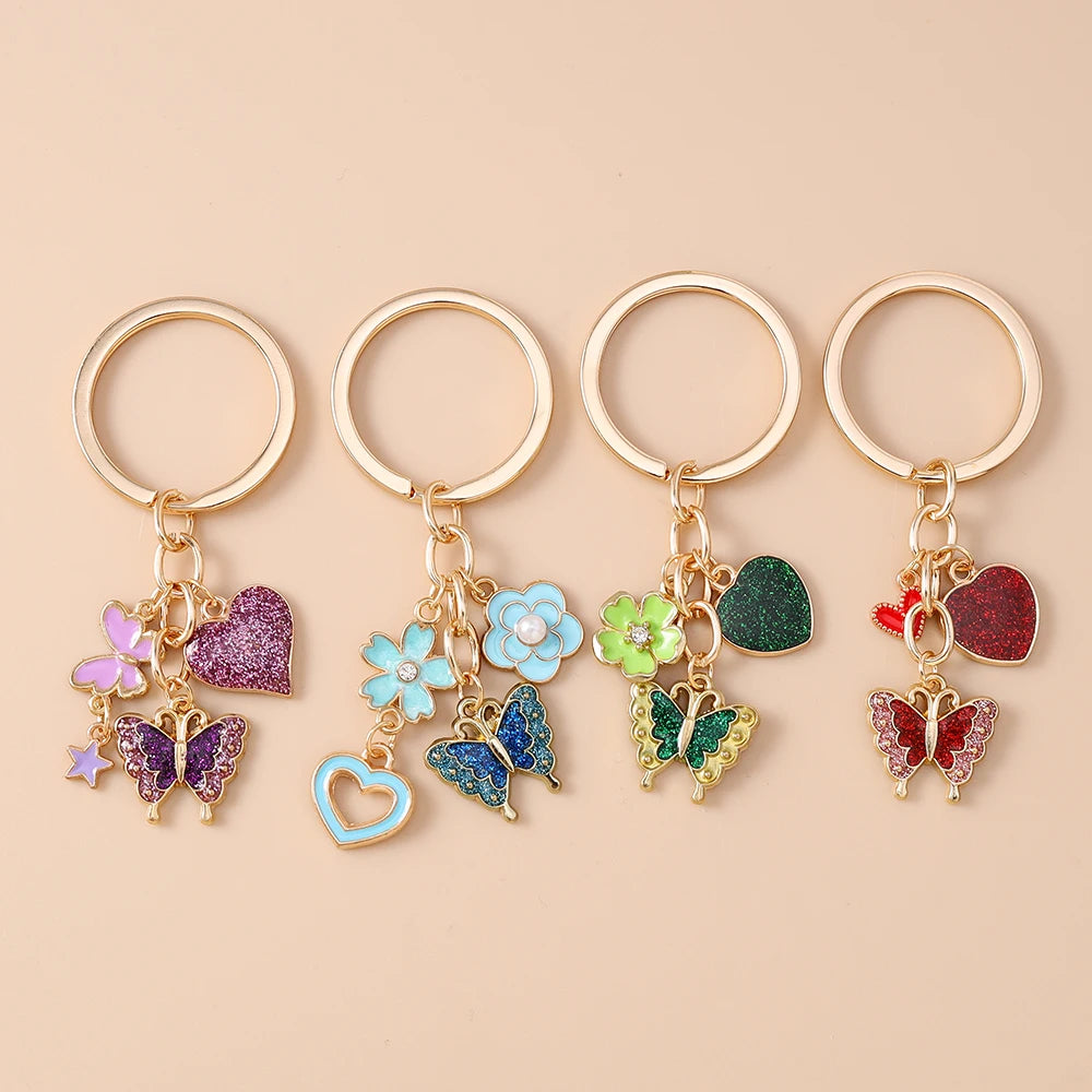 Cute Butterfly Keychain Women Girls Love Heart Flower Key Ring Pendants for Handbag Decor DIY Handmade Key Chain Jewelry Gifts