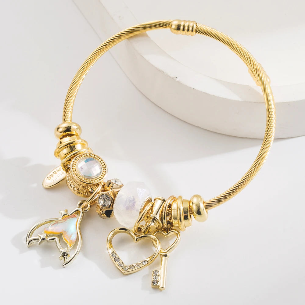 New DIY Pan Jia Duo La Bracelet with Diamond Fish Tail Heart Key Pendant Fairy Style Adjustable Couple Bracelet