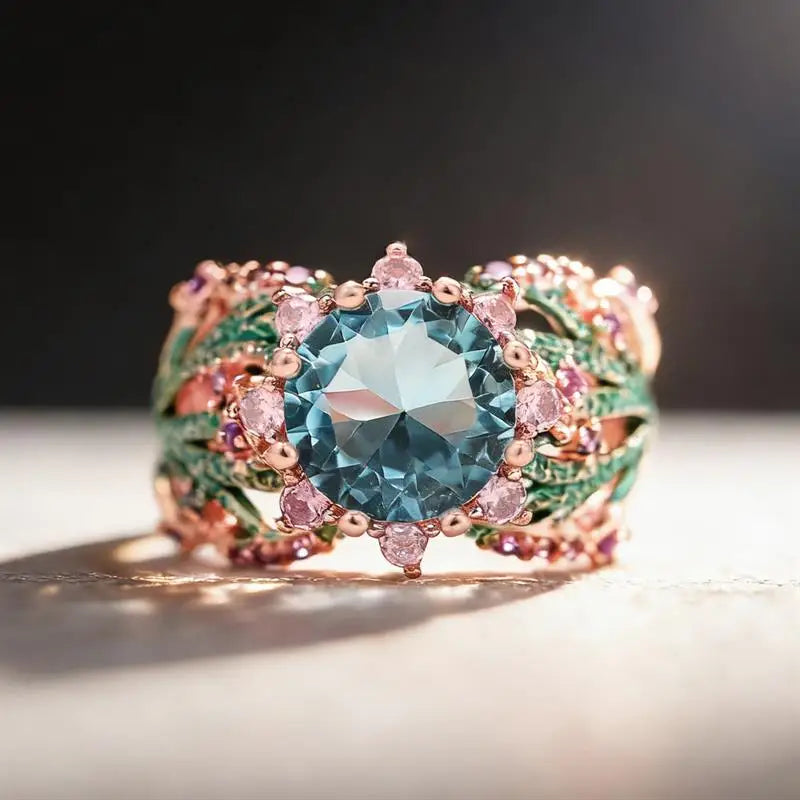 Huitan Special Flower Design Women Ring Colorful Enamel Wedding Party Two Tone Accessories Inlaid Shiny Blue CZ Noble Jewelry