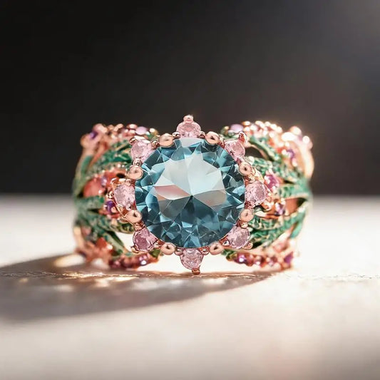 Huitan Special Flower Design Women Ring Colorful Enamel Wedding Party Two Tone Accessories Inlaid Shiny Blue CZ Noble Jewelry