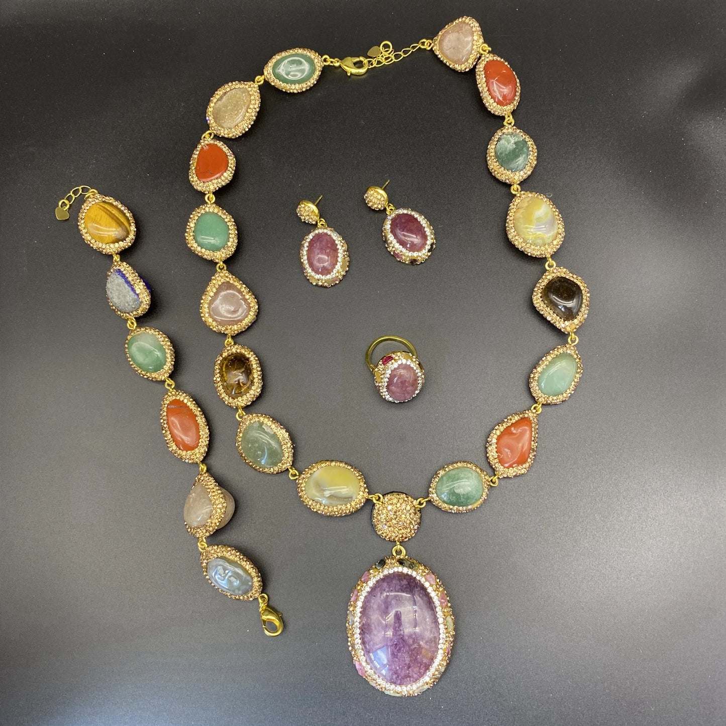 Colorful Multi Crystal Stone Jewelry Sets Natural Amethyst Tiger's Eyes Quartz Inlaid Rhinestone Beaded Necklace Earring