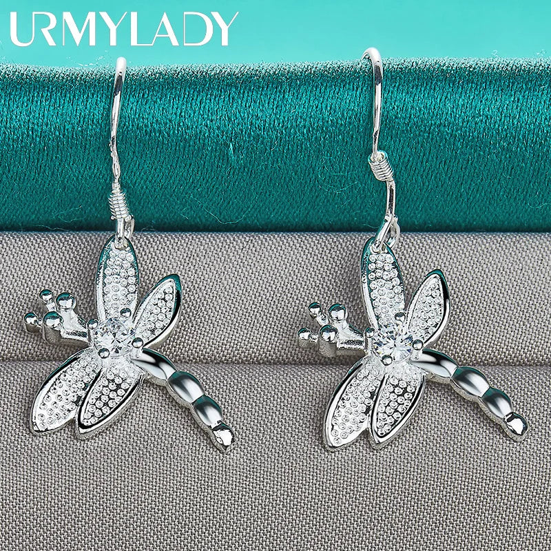 URMYLADY 925 Sterling Silver Dragonfly Zircon Earrings For Women Fashion Wedding Engagement Party Jewelry