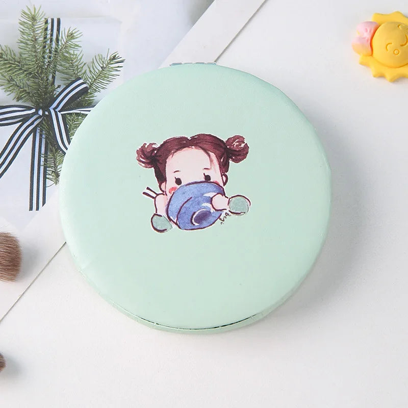 Cute Round Cartoon Mirror, Flip-Design Compact Mirror for Purse Travel Makeup, Portable Folding Handheld Mirror