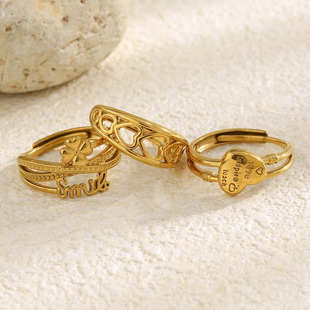 E.B.belle Stainless Steel Open Series Heart Flower Ring Gold Artistic And Sweet Design Women's Jewelry Accessories For Gift