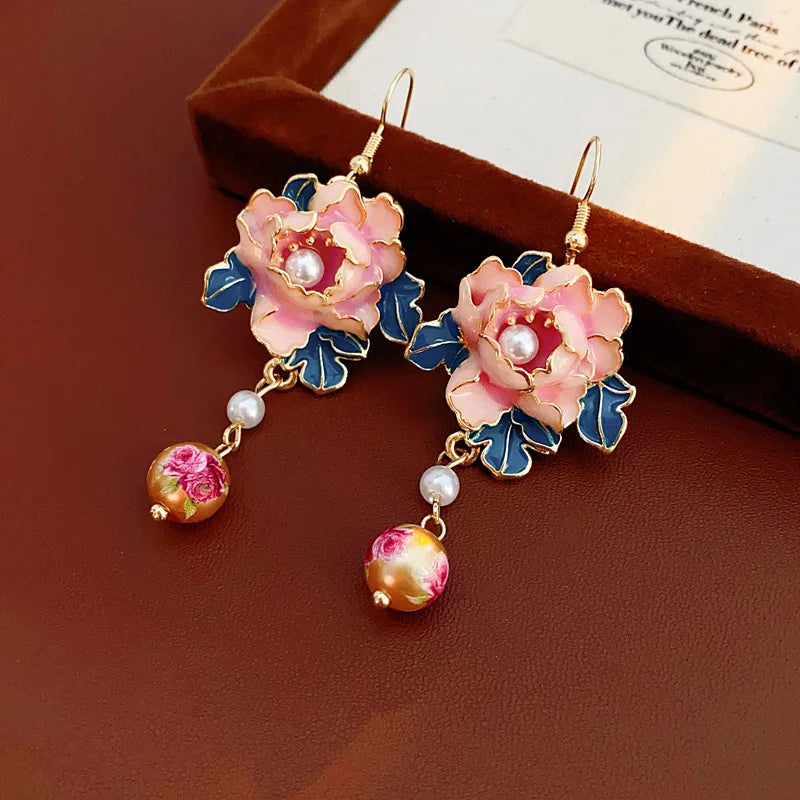 Dripping Oil Flower IDangle Earrings Woman Retro Imitation Pearl Tassel Earrings Exquisite Ear Hooks Banquet Jewelry Gifts K
