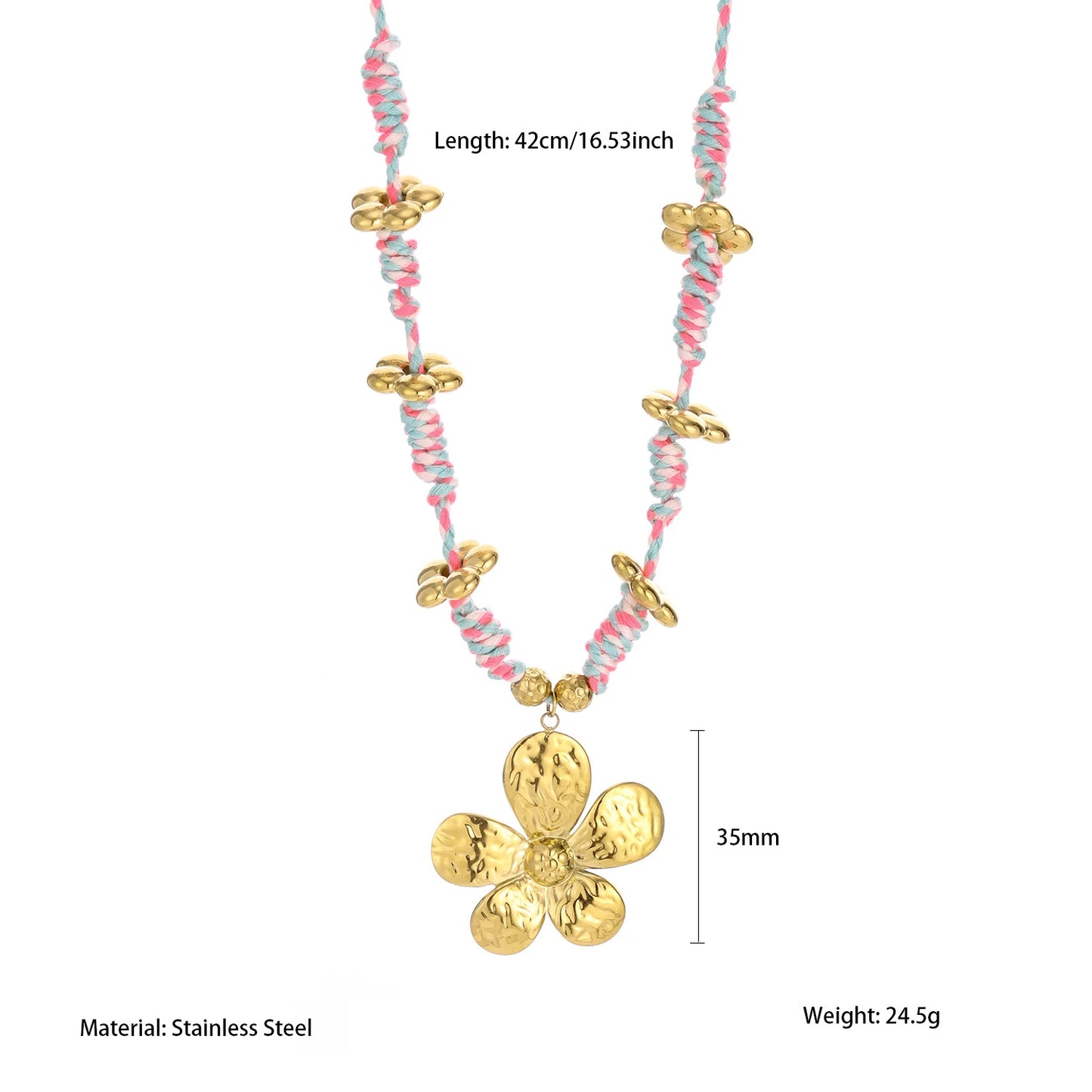 Tendy cotton rope paired with stainless steel stylish flower pendant fashion personality necklace back-to-school season gift