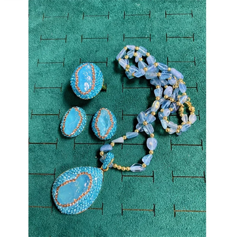 Turkish Raw Baroque Aquamarine Crystal Jewelry Set for Women Rhinestone Quartz Irregular Stone Necklace Ring Hook Earring Sets