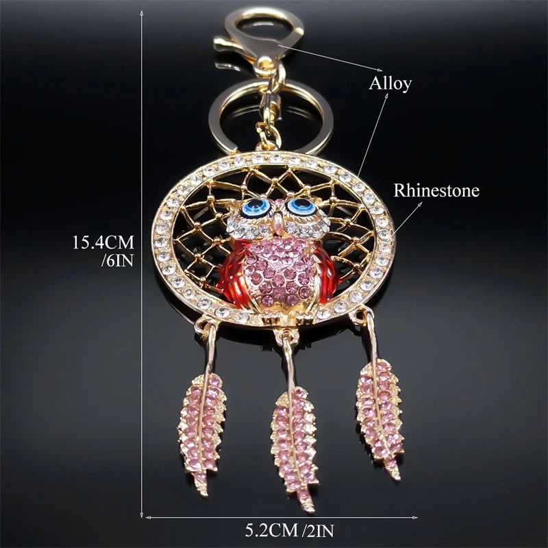 Shinny Crystal Owl Dreamcatcher Feather Keychain for Women Alloy Rhinestone Dream Catcher Animal Key Ring Bag Jewelry K9034S05