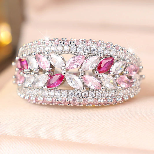 Small Round Charm Female Rose Red White Zircon Stone Fashion Ring Vintage Silver Color Wedding Jewelry For Women