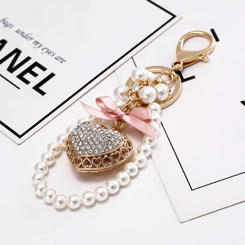 Pink Bow Love Pearl Chain KeyChain Sparkling Crystal Women's Luxury Handbag Pendant Car Key Ring