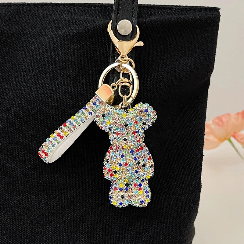 Full Crystals Anime Cartoon Keychain Wommen Bag Key Ring Hearts Bulldog Bears Souvenirs Gifts Брелоки