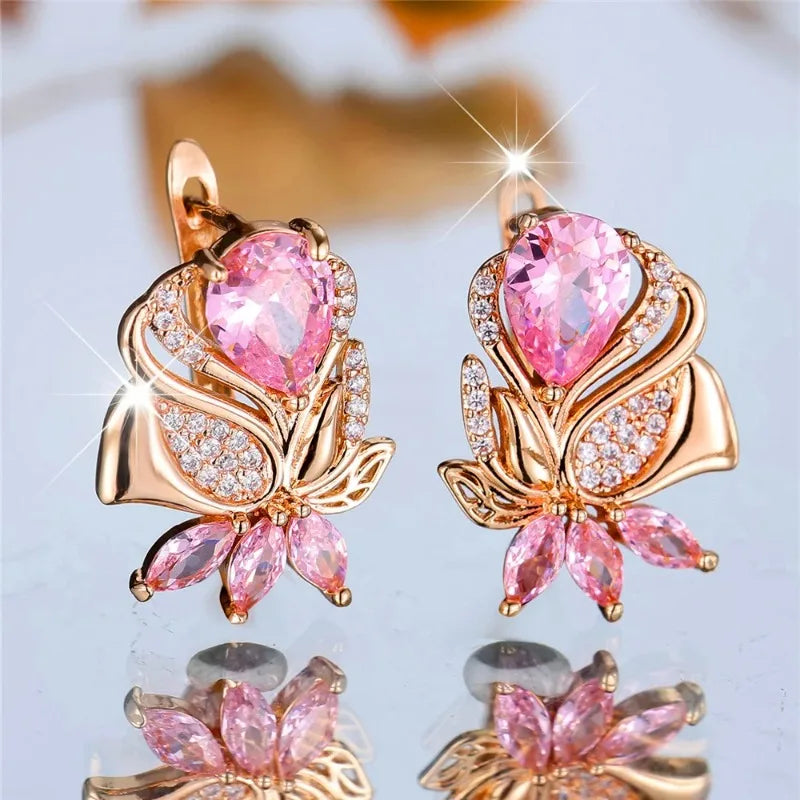 Luxury Female Pink Zircon Hoop Earrings For Women Gold Color Wedding Jewelry Daily Accessories Party Jewelry Gift for Girlfriend