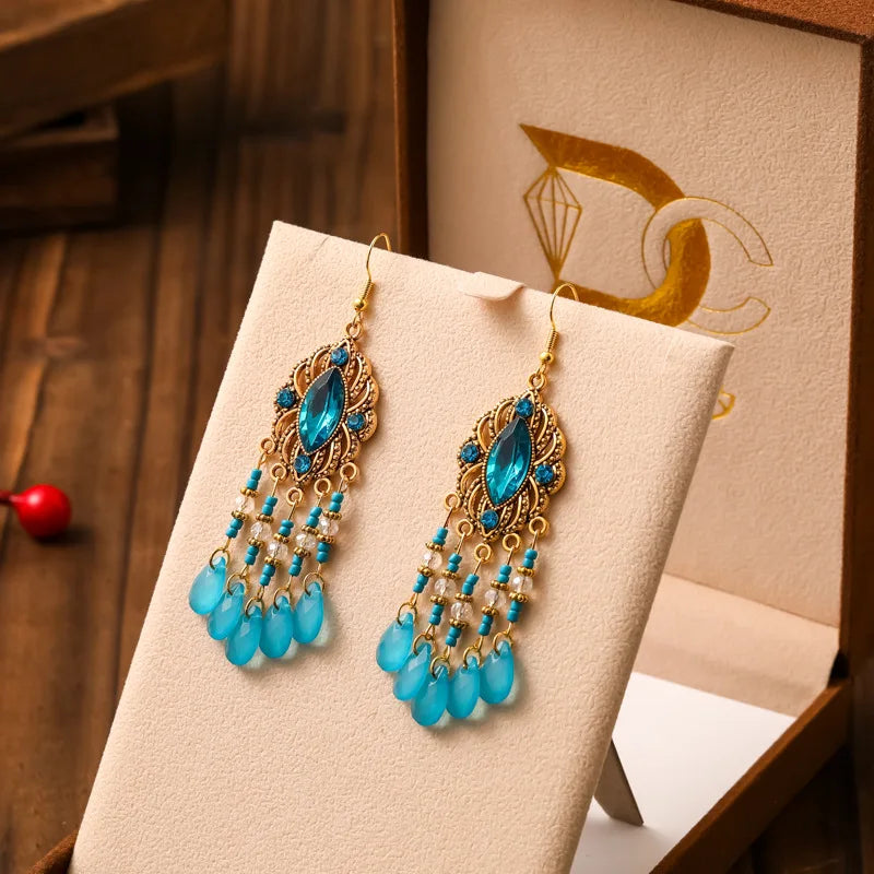 New Bohemian Ethnic Colorful Water Drop Tassel Earrings for Women Long Hollow Antique Gold Color Dangle Earring Pendientes Mujer