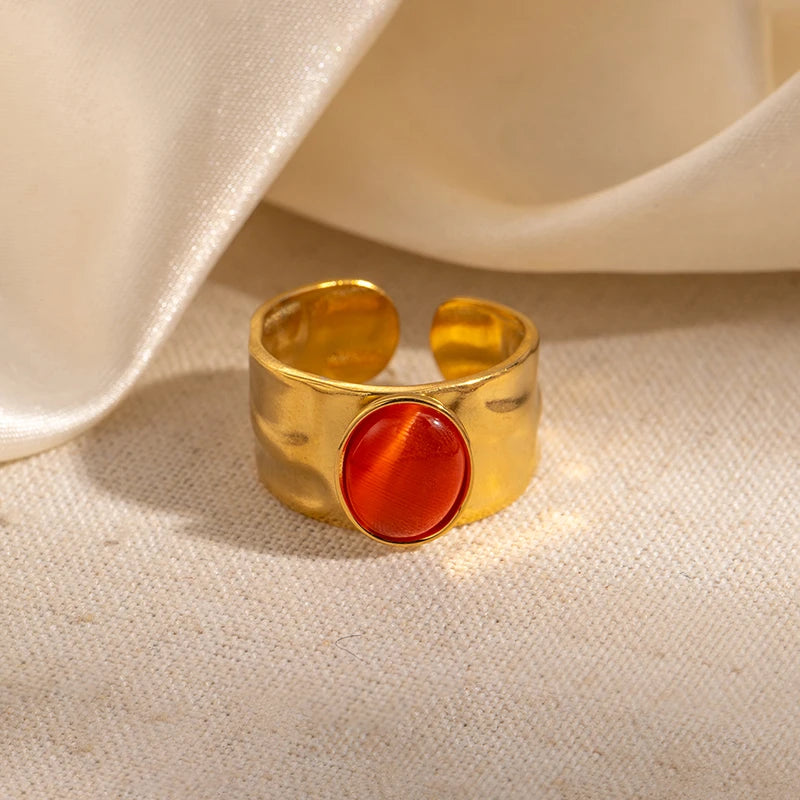 ANENJERY 316L Stainless Steel Colorful Stone Wide Smooth Open Ring for Women Men Elegant Noble Jewelry Gifts Wholesale