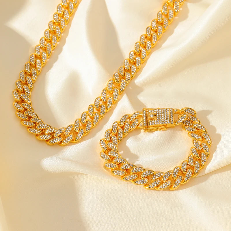 EILIECK Exquisite Geometric Thick Cuban Chain Necklace Bracelet Set Trendy Collar Punk Zirconia Collar Jewelry Women Men New