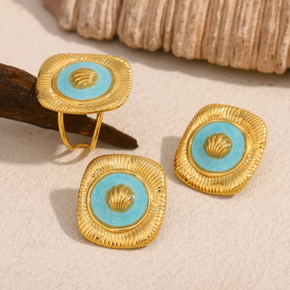 E.B.belle New Design Blue Drop Oil Square Shell Trendy Women's Earrings Rings 18K Gold Plated Stainless Steel Jewelry Set