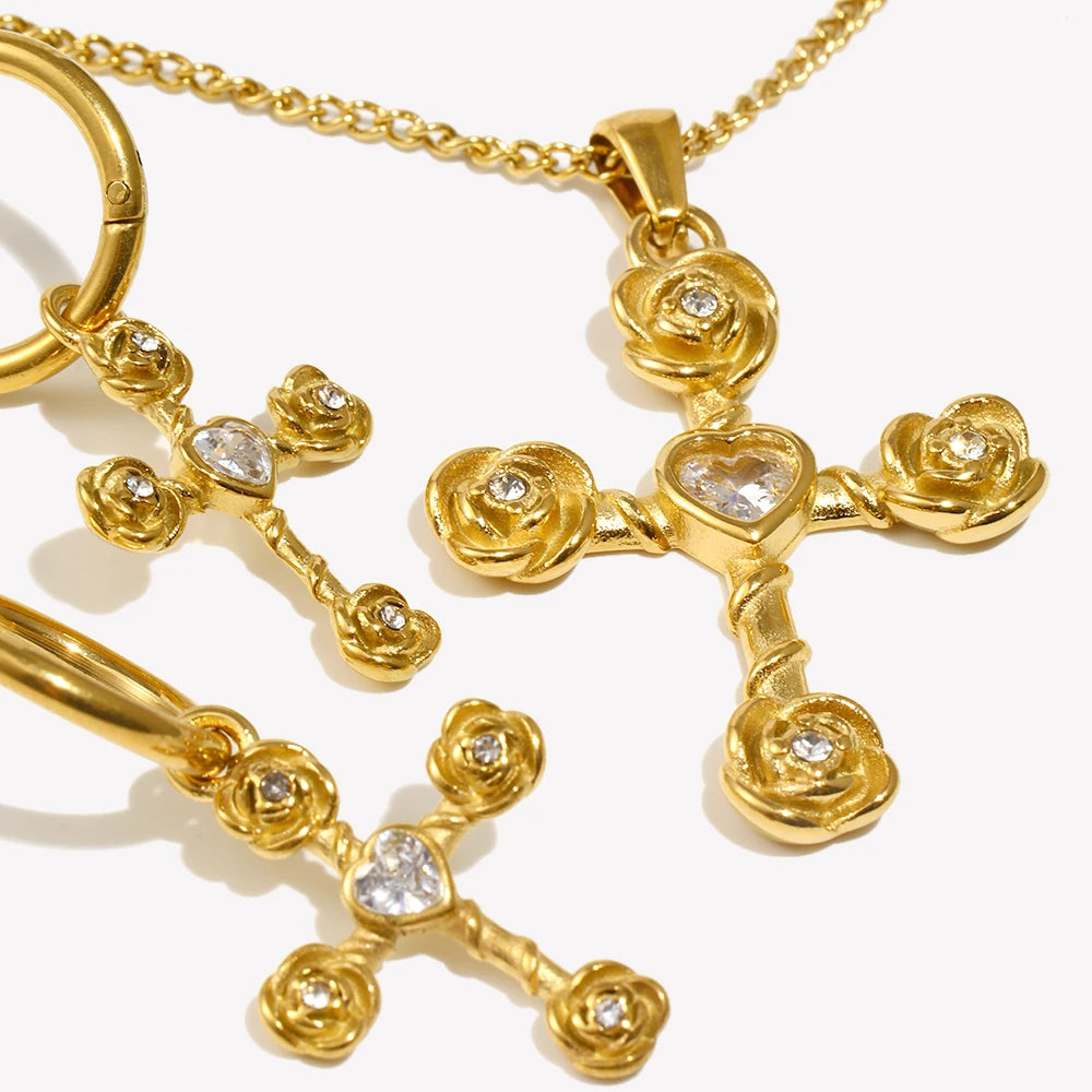 E.B.belle White Rhinestone Rose Cross Necklace Earring Flower Jewelry Set Stainless Steel 18K Gold Plated Waterproof Charm