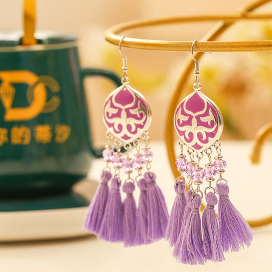 Vintage Ethnic Colorful Tassel Earrings for Women Elegant Peach Heart Crystal Alloy Earring Party Wedding Daily Jewelry