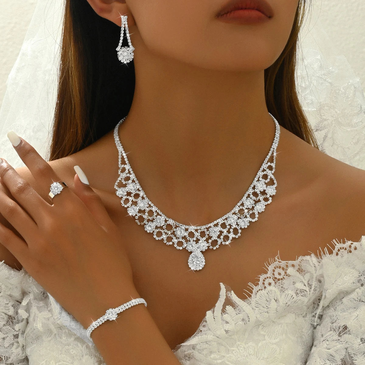 Fashionable and Exquisite Claw Chain Design Water Droplet Jewelry Set, Light Luxury Retro High-End Jewelry Set for Women