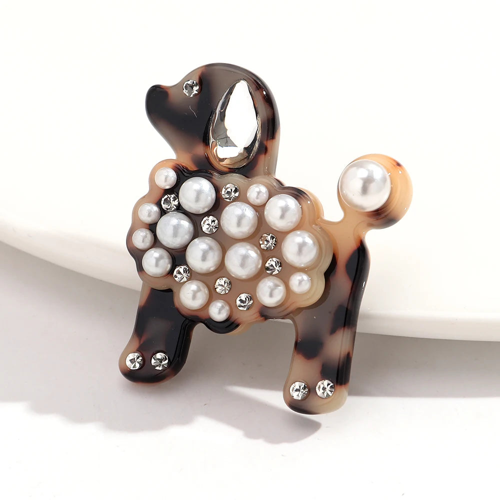 Cute Pearl Rhinestone Dog Poodle Lapel Brooches for Women Girls Lovely Cartoon Animals Badge Brooch Pins Party Jewelry Accessory