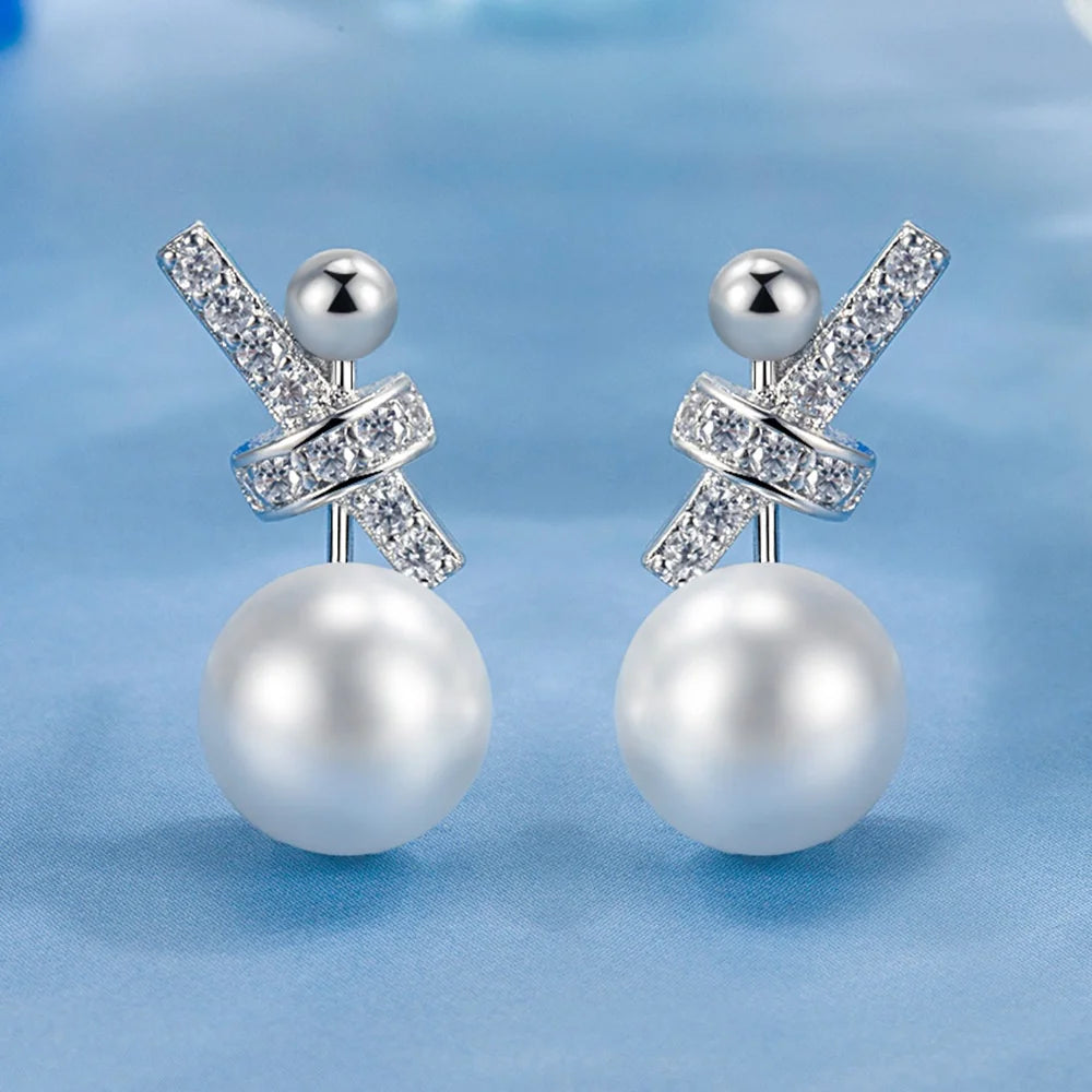 Luxury Charm Female White Zircon Oval Pearl Stud Earrings Gold Silver Color Wedding Jewelry For Women