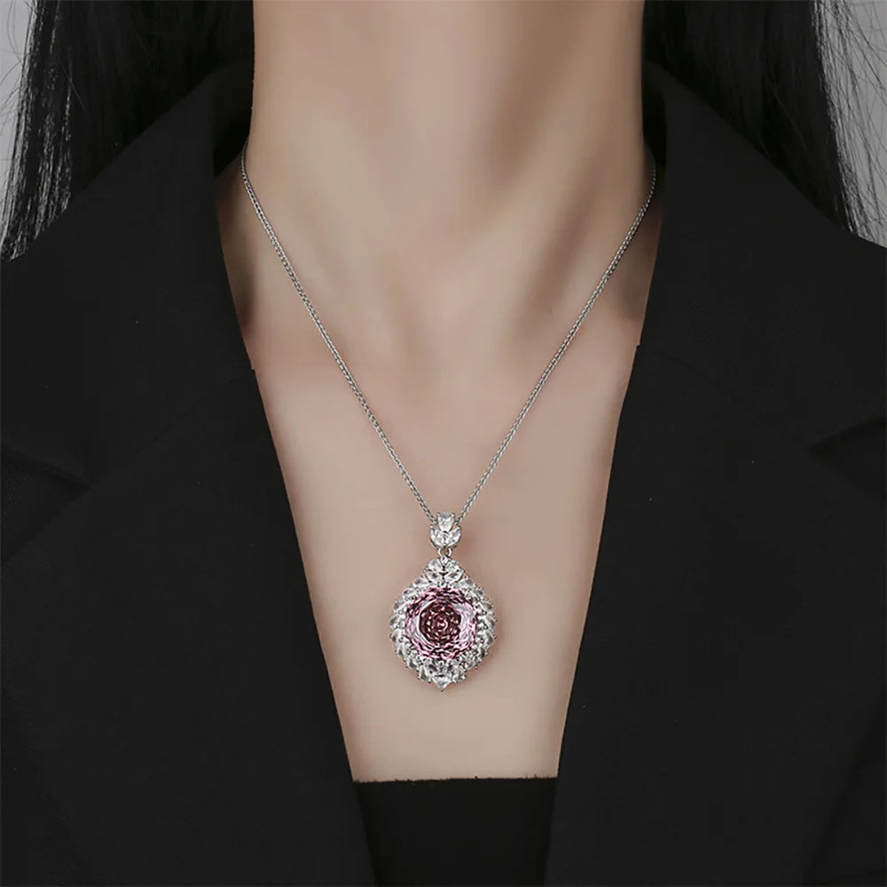 New Arrival 18*18mm Amethyst Pink Quartz Lab Diamond Pendant Necklace for Women Cocktail Party Fine Jewelry Accessories Gifts