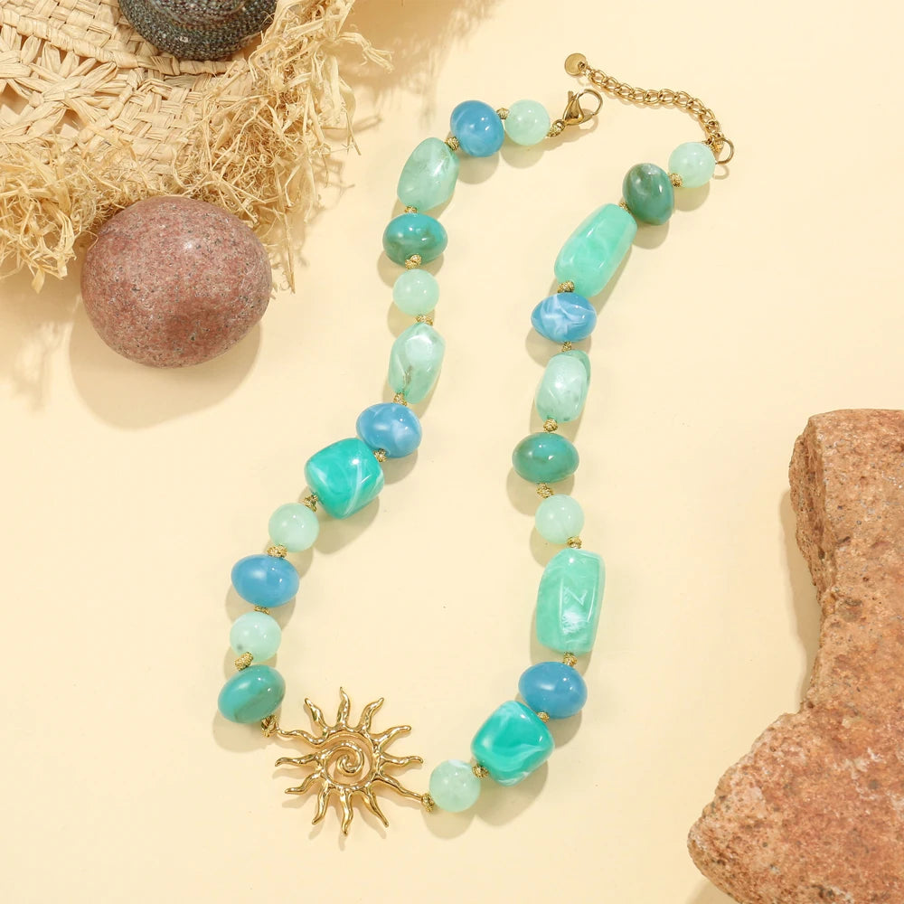 Badu Colorful Acrylic Beaded Choker Sun Heart Flower Pendants Necklace for Women Stainless Steel Fashion Jewelry Party Gifts