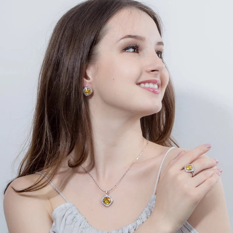 ThreeGraces Summer Yellow Cubic Zirconia Crystal Necklace Earrings and Ring Sets Fashion Austrian Ladies Party  Jewelry  JS190