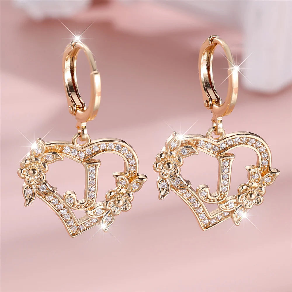Female A-Z 26 Letter Heart Flower Hoop Earrings Yellow Gold Color White Zircon Wedding Jewelry For Women