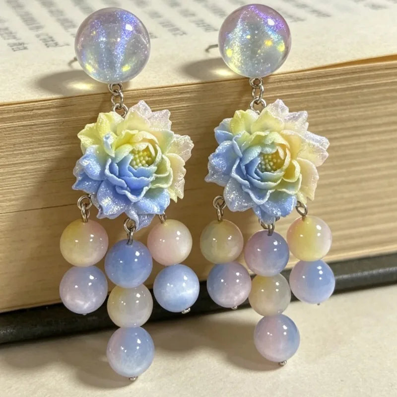 Gradient Floral Earrings for Women Tassels Beads Vintage Palace Style Jewelry Elegant Fashion Light Luxury Aretes De Mujer