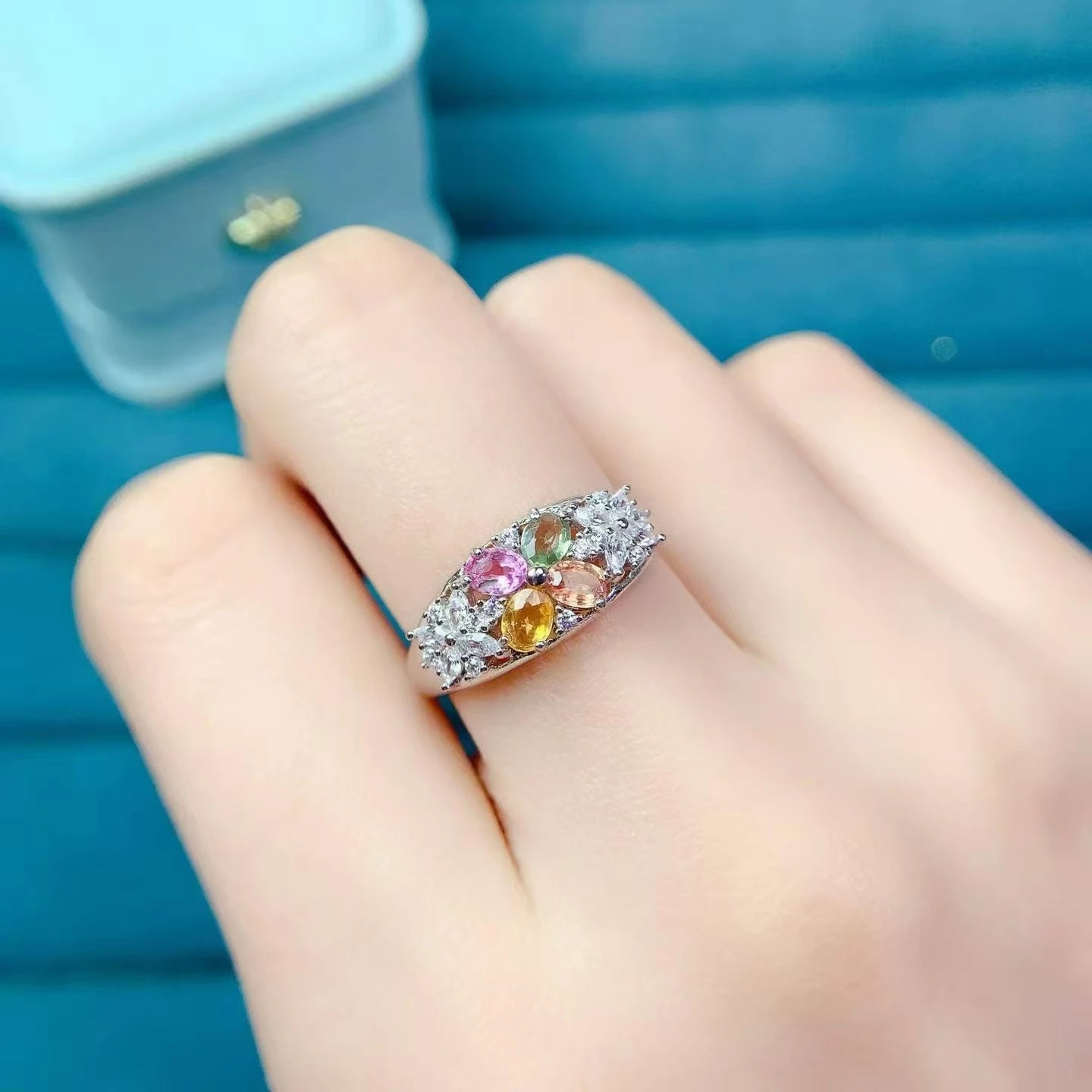Guarantee Natural Sapphire Ring 3x4mm Multi-color Sapphire Silver Ring with Free Jewelry Certificate Gift for Women