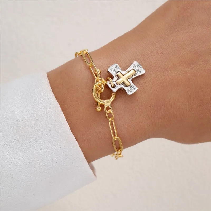 Golden Retro Style Cross Bracelet for Women Two-Color Hammered Pendant OT Buckle Chain Jewelry Gift