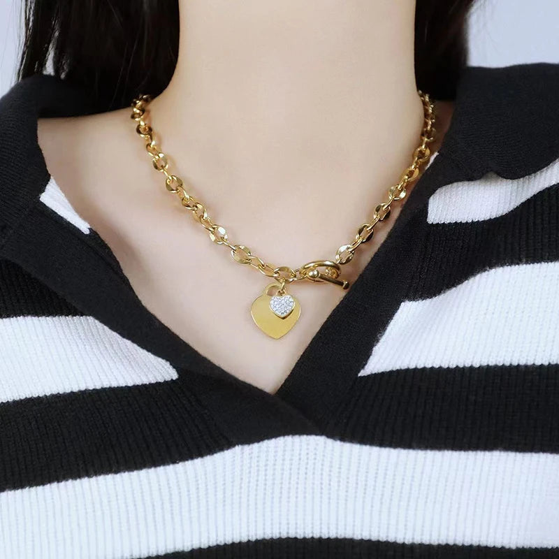 EILIECK 316L Stainless Steel Heart Love Pendant Necklace For Women Trendy Gold Silver Color Waterproof Neck Chain Jewelry Gift