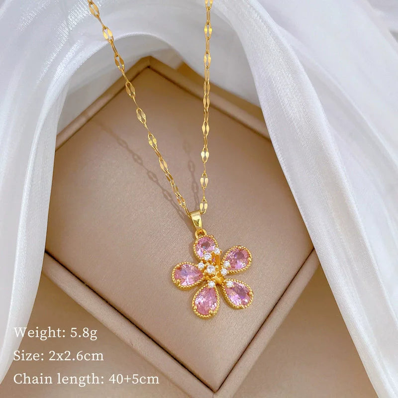 EILIECK 316L Stainless Steel Shine Cubic Zircon Butterfly Pendant Necklace Gold Color Texture Metal Personalized Chain Jewelry