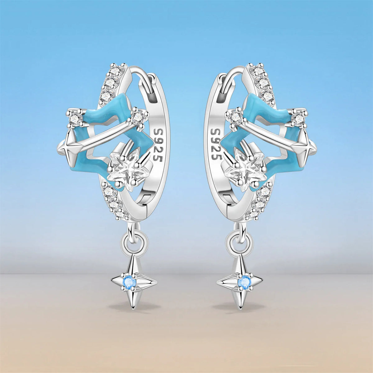 Orstarry 925 Sterling Silver Sparkling Blue Star Planet Drop Earrings Women Earrings Charm Trend Versatile Party Jewelry Gifts