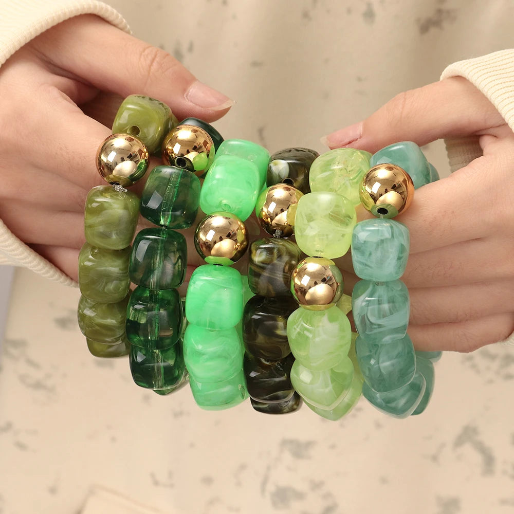 Acrylic Multicolor Irregular Beads Stretchy Bracelets Bangles for Women Resin Marbled Beaded Geometric Elastic Bracelet Jewelry