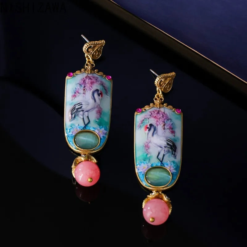 Retro Chinese Style Women Earrings Enamel Painted Cat's Eye Stones Fashion Jewelry Elegant Versatile Aretes De Mujer