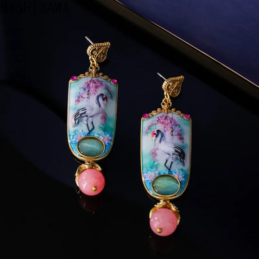 Retro Chinese Style Women Earrings Enamel Painted Cat's Eye Stones Fashion Jewelry Elegant Versatile Aretes De Mujer