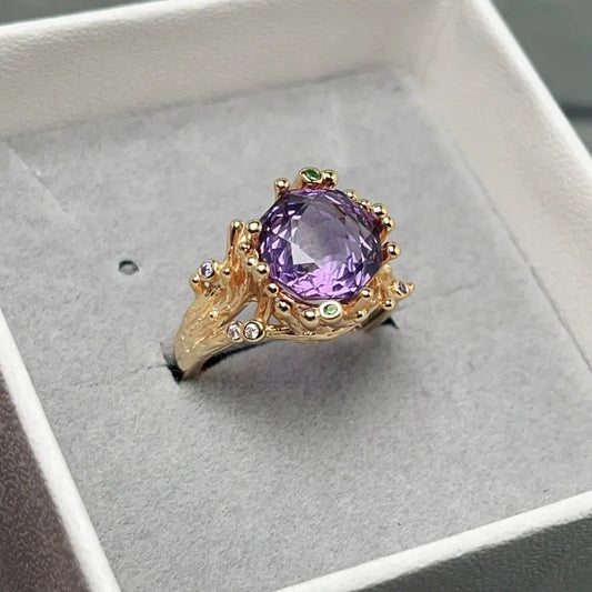 Pure Amethyst Ring for Party 10mm 4ct Natural Amethyst 925 Silver Ring with Thick Gold Plated Birthday Gift for Girlfriend
