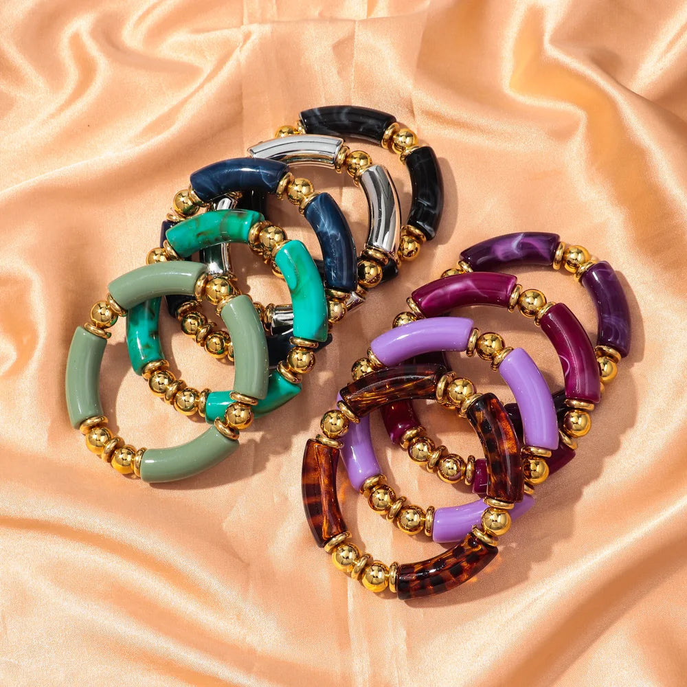 New Design Acrylic Gold Color Beads Chunky Bamboo Bracelets for Women Resin Curved Tube Stretchy Bangle 2024 Fashion Jewelry