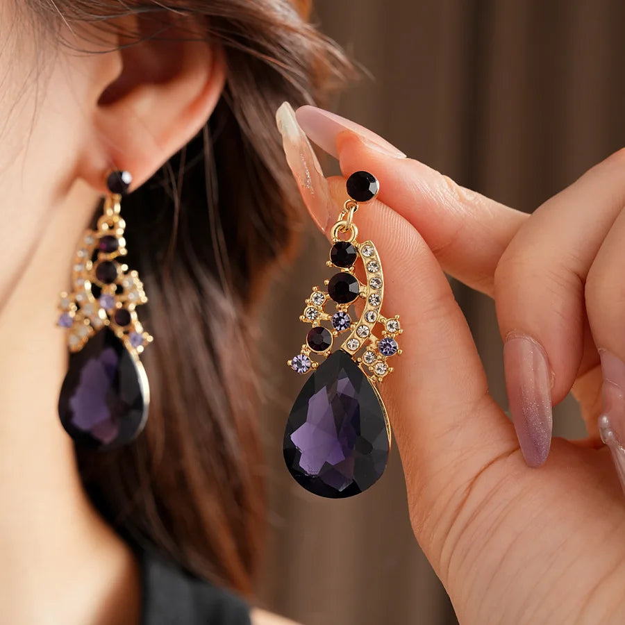 Purple Rhinestone Pendant Necklaces Drop Earrings Party Banquet Jewelry Set Vintage Water Drop Necklace Earrings Accessories H