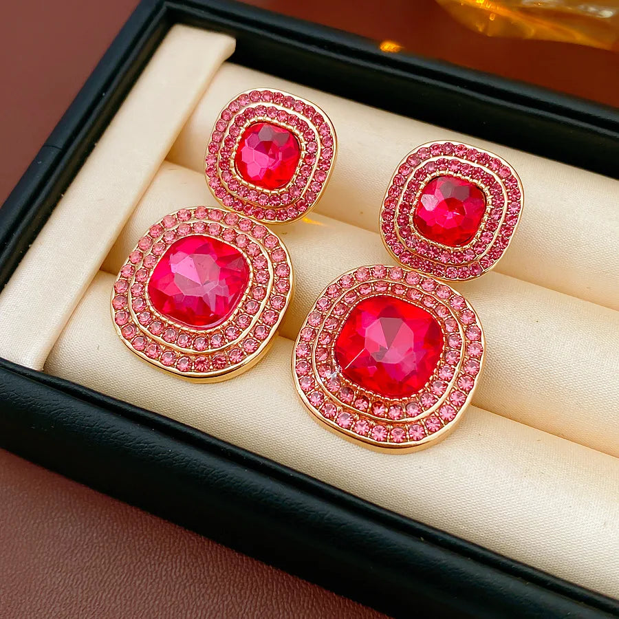 Vintage Full Rhinestones Square Dangle Earrings for Women Shiny Exquisite High-end Geometric Drop Earring Luxury Jewelry Gifts N