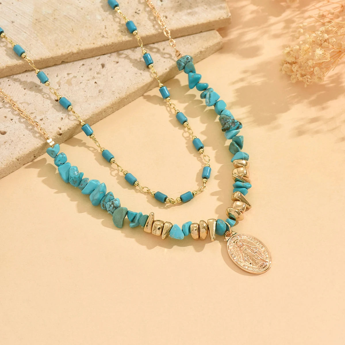 2Pcs Vintage Blue Natural Stone Beads Choker Necklaces for Women Bohemia Geometry Pendant Necklace Trendy Neck Jewelry